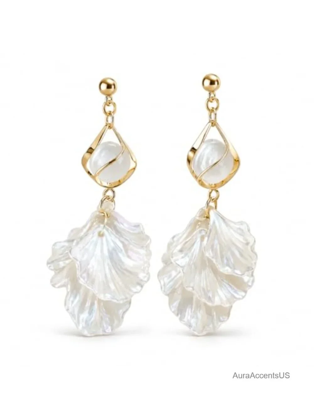 White Shell Petal Drop Earrings Gold Dangle Boho Statement Jewelry